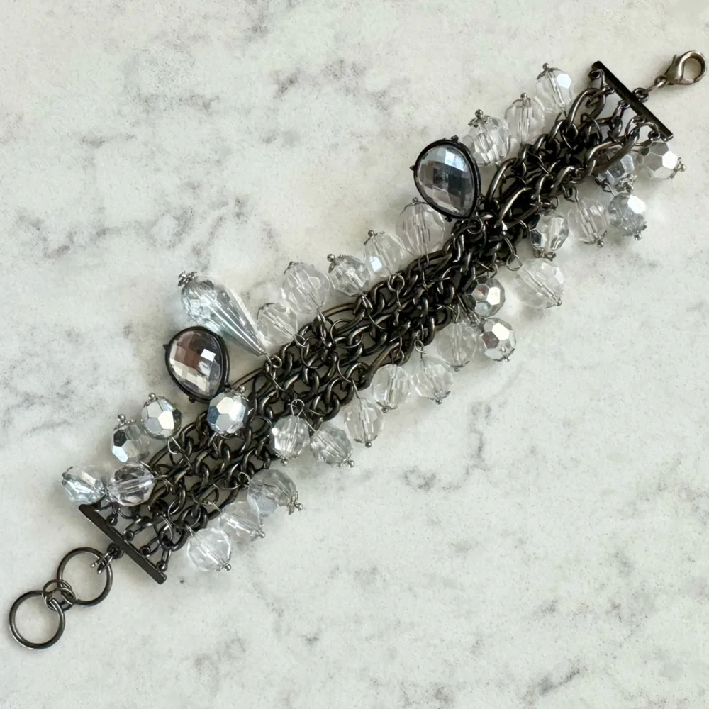 NWOT Crystal Silver Gunmetal Charm Dangly Bracelet - Adjustable length